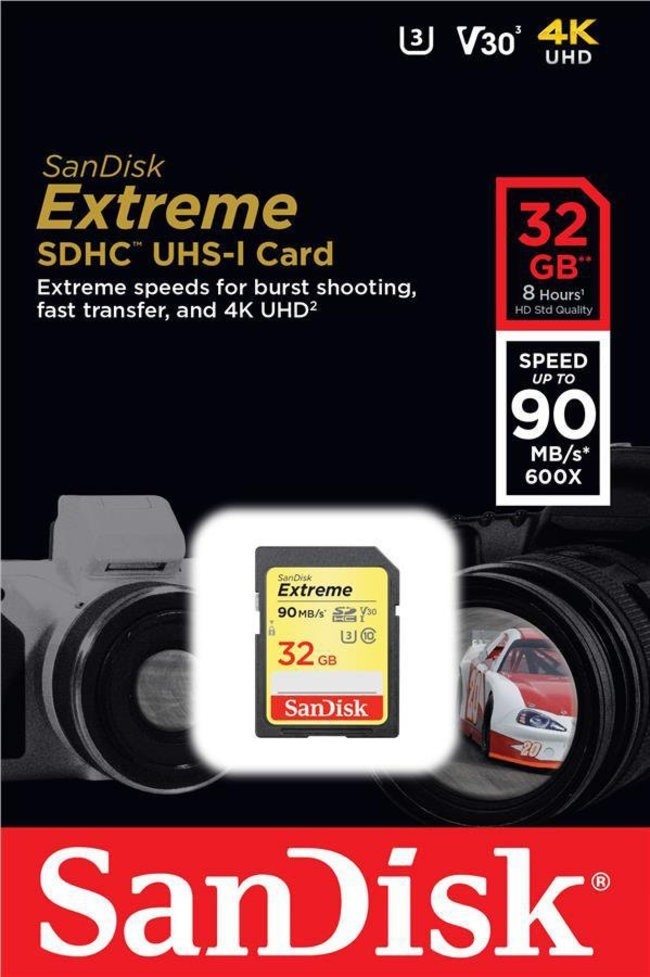 Карта памяти SanDisk Extreme SDHC 32Gb UHS-I U3 90MB/s (R) 40MB/s (W)